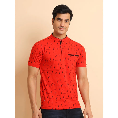 Generic Men's Casual Cotton Printed Mandarin Collar Half Sleeve T-Shirt (Red)