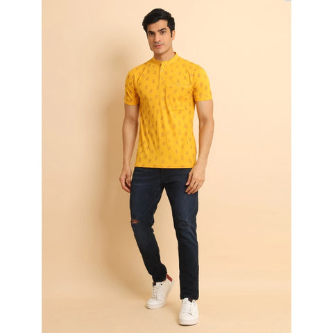 Generic Men's Casual Cotton Printed Mandarin Collar Half Sleeve T-Shirt (Mustard)