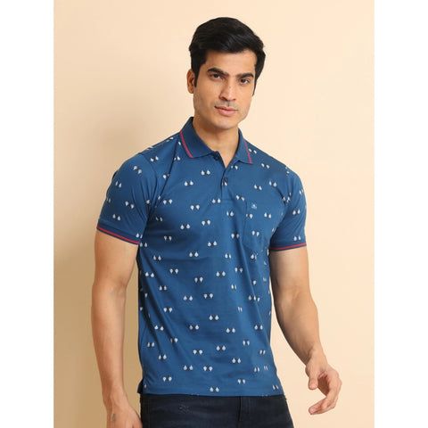 Generic Men's Casual Cotton Printed Polo Neck Half Sleeve T-Shirt (Blue)