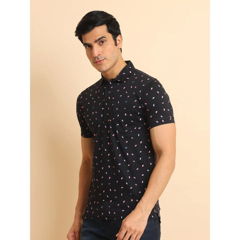 Generic Men's Casual Cotton Printed Polo Neck Half Sleeve T-Shirt (Black)