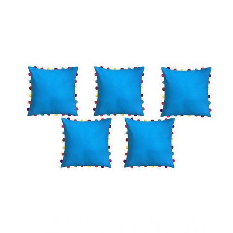 Generic Cotton Solid Pom Pom Cushion Covers (Blue, Size: 18x18 In)