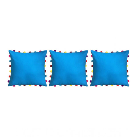 Generic Cotton Solid Pom Pom Cushion Covers (Blue, Size: 18x18 In)