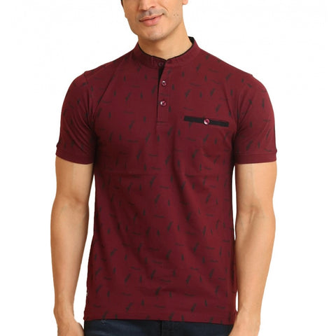 Generic Men's Casual Cotton Printed Mandarin Collar Half Sleeve T-Shirt (Plum)