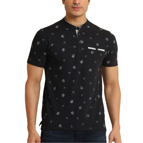 Generic Men's Casual Cotton Printed Mandarin Collar Half Sleeve T-Shirt (Black)