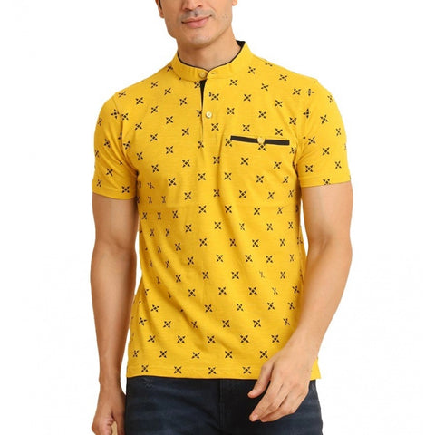 Generic Men's Casual Cotton Printed Mandarin Collar Half Sleeve T-Shirt (Mustard)