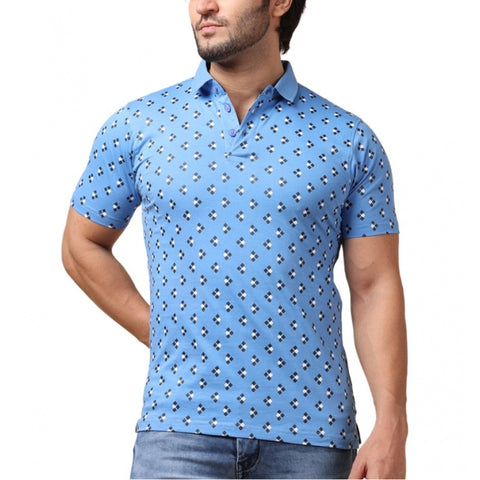 Generic Men's Casual Cotton Printed Polo Neck Half Sleeve T-Shirt (Blue)