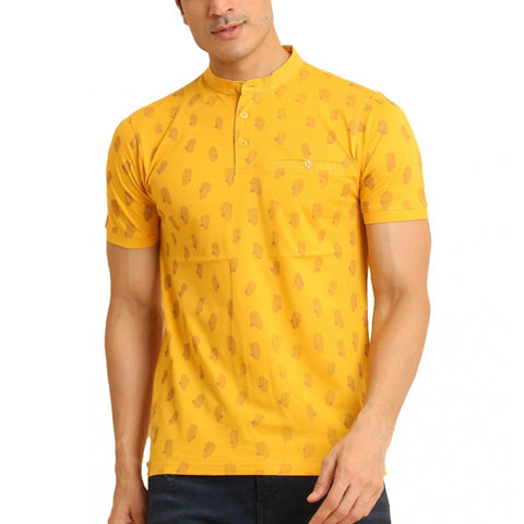 Generic Men's Casual Cotton Printed Mandarin Collar Half Sleeve T-Shirt (Mustard)