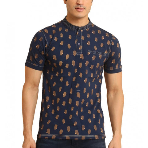 Generic Men's Casual Cotton Printed Mandarin Collar Half Sleeve T-Shirt (Navy)