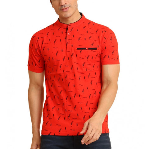 Generic Men's Casual Cotton Printed Mandarin Collar Half Sleeve T-Shirt (Red)