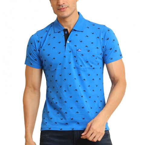 Generic Men's Casual Cotton Printed Polo Neck Half Sleeve T-Shirt (Blue)