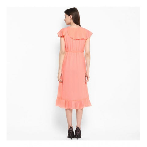 Generic Women's Polyester Ruffled Cap Sleeve Below Knee Dress (Neon Pink)