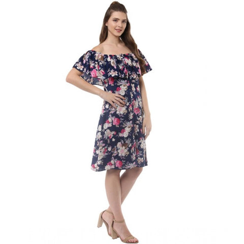 Generic Women's Polyester Crepe Floral Half Sleeve Above Knee Dress (Navy Blue)