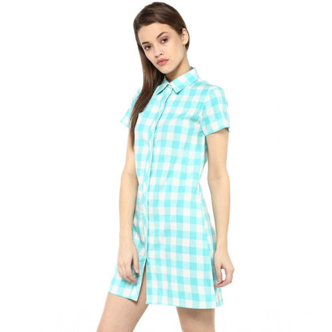 Generic Women's Rayon Checkered Short Sleeve Above Knee Dress (SkuBlue - White)