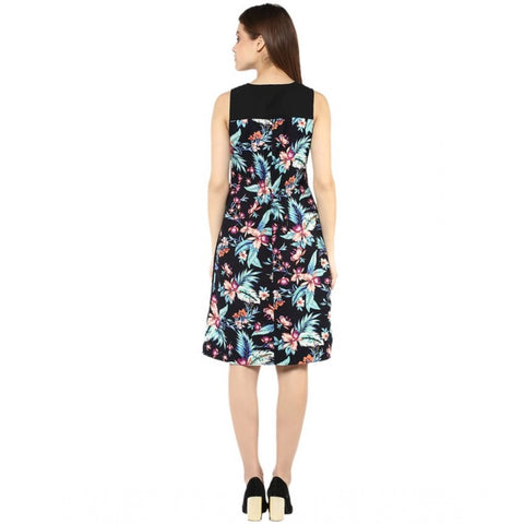 Generic Women's Polyester Printed Sleeveless Above Knee Dress (Black - Multicolor)