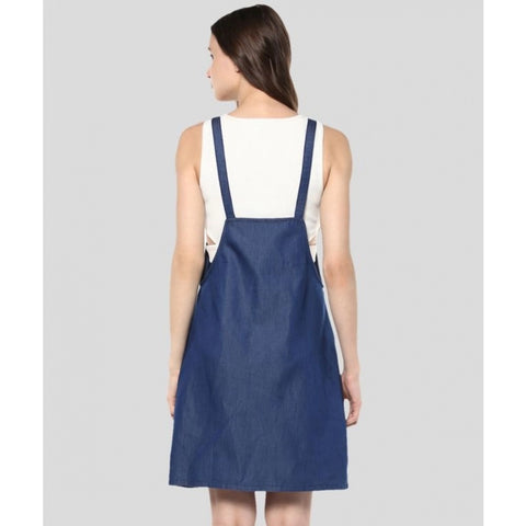 Generic Women's Denim Solid Shoulder Straps Above Knee Dress (Blue)