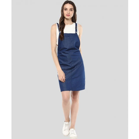 Generic Women's Denim Solid Shoulder Straps Above Knee Dress (Blue)