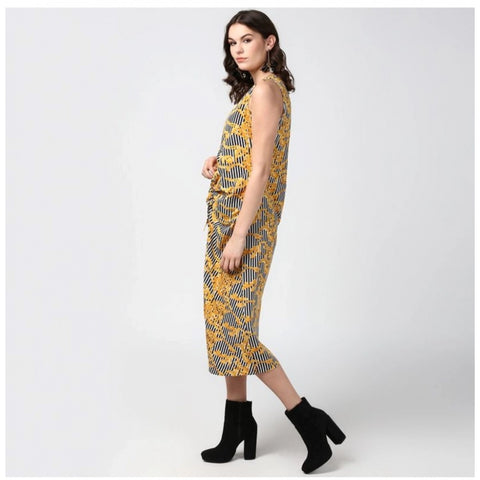 Generic Women's Polyester Chain Print Sleeveless Below Knee Dress (Yellow - Black)