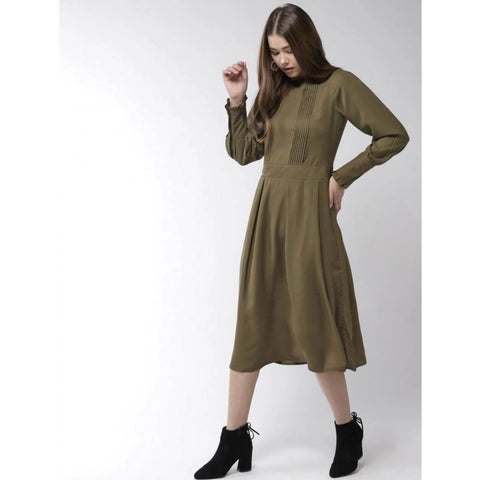 Generic Women's Polyester Pintuck Long Sleeves Below Knee Dress (Olive)