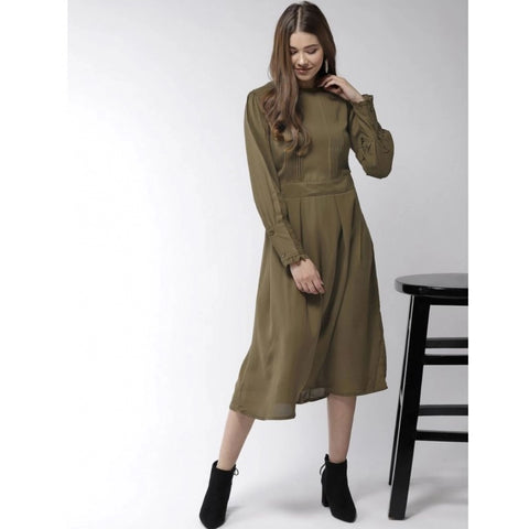 Generic Women's Polyester Pintuck Long Sleeves Below Knee Dress (Olive)