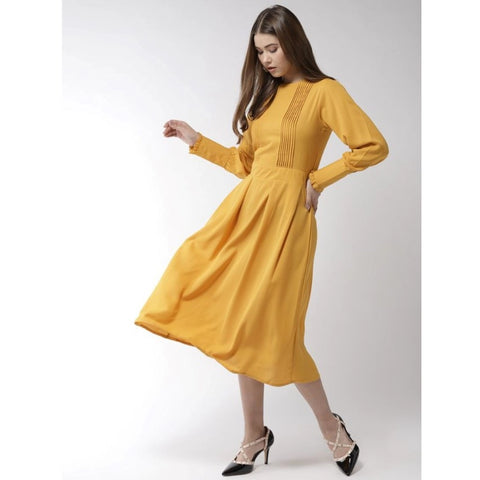 Generic Women's Polyester Pintuck Long Sleeves Below Knee Dress (Yellow)