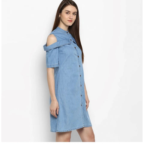 Generic Women's Denim Solid Cold Shoulder Above Knee Dress (Blue)