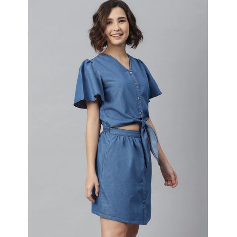 Generic Women's Denim Solid Flutter Above Knee Dress (Blue)