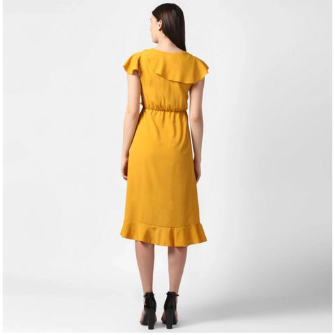 Generic Women's Polyester Ruffled Cap Sleeve Knee-Length Dress (Yellow)