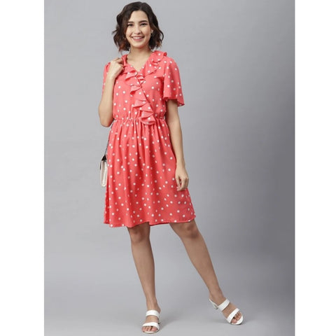 Generic Women's Polyester Polka Flutter Above Knee Dress (Coral)