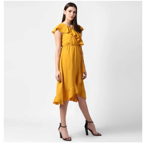 Generic Women's Polyester Ruffled Cap Sleeve Knee-Length Dress (Yellow)