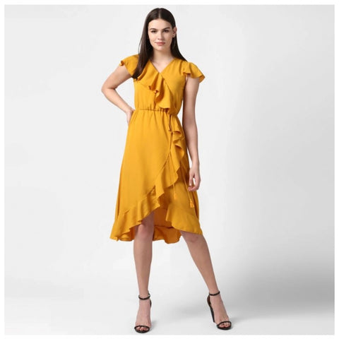 Generic Women's Polyester Ruffled Cap Sleeve Knee-Length Dress (Yellow)