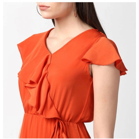 Generic Women's Polyester Ruffled Cap Sleeve Knee-Length Dress (Orange)