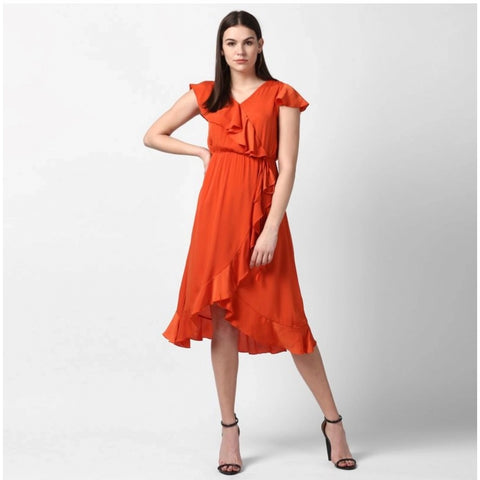 Generic Women's Polyester Ruffled Cap Sleeve Knee-Length Dress (Orange)