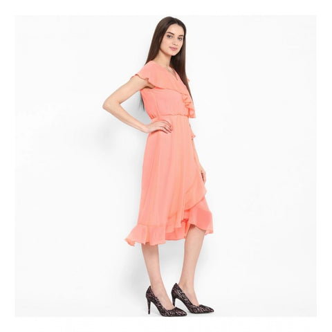 Generic Women's Polyester Ruffled Cap Sleeve Below Knee Dress (Neon Pink)