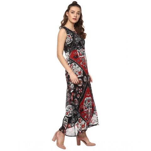 Generic Women's Polyester Printed Sleeveless Dress (Red - Black)