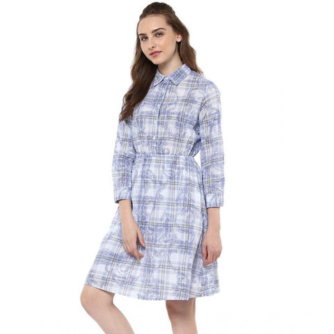 Generic Women's Cotton Checkered Roll Up Sleeve Above Knee Dress (Blue)