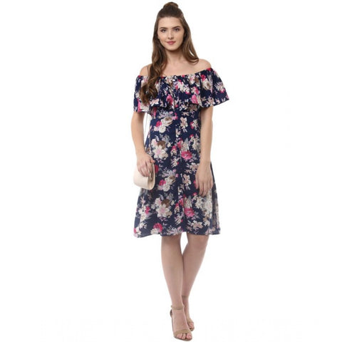 Generic Women's Polyester Crepe Floral Half Sleeve Above Knee Dress (Navy Blue)