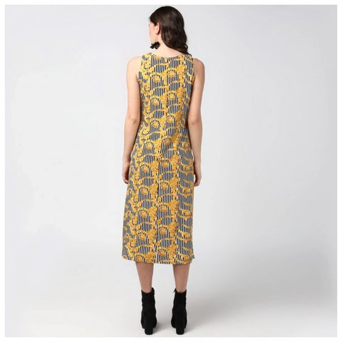 Generic Women's Polyester Chain Print Sleeveless Below Knee Dress (Yellow - Black)