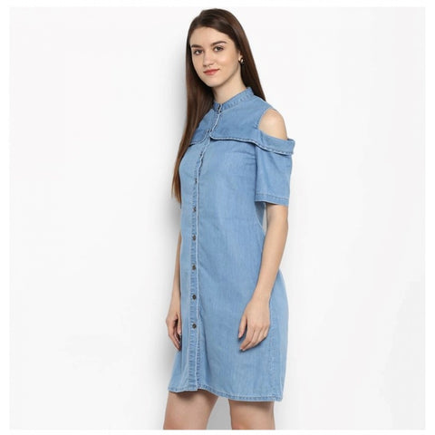 Generic Women's Denim Solid Cold Shoulder Above Knee Dress (Blue)