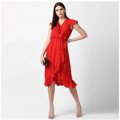 Generic Women's Polyester Ruffled Cap Sleeve Knee-Length Dress (Red)