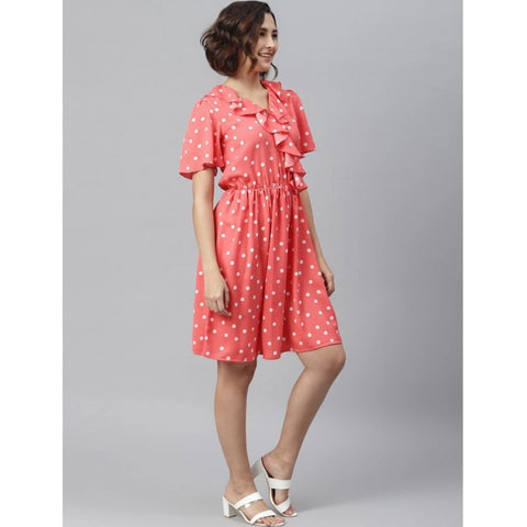 Generic Women's Polyester Polka Flutter Above Knee Dress (Coral)