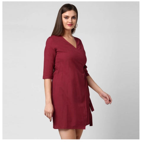 Generic Women's Cotton Solid 3-4th Sleeves Above Knee Dress (Maroon)