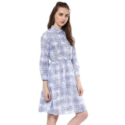 Generic Women's Cotton Checkered Roll Up Sleeve Above Knee Dress (Blue)