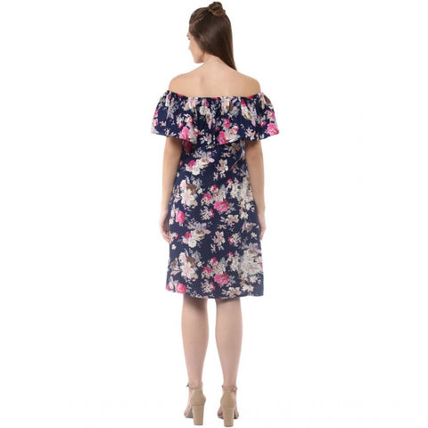 Generic Women's Polyester Crepe Floral Half Sleeve Above Knee Dress (Navy Blue)