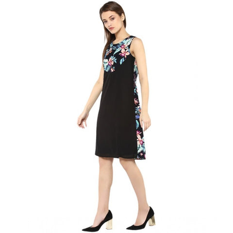 Generic Women's Polyester Printed Sleeveless Above Knee Dress (Black - Multicolor)