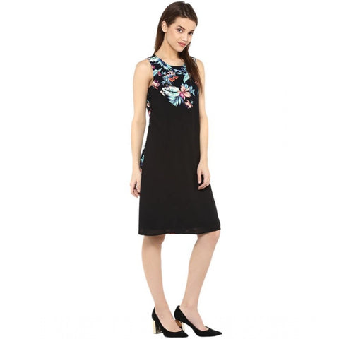 Generic Women's Polyester Printed Sleeveless Above Knee Dress (Black - Multicolor)