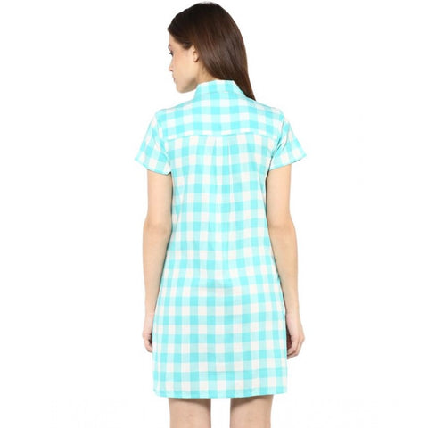 Generic Women's Rayon Checkered Short Sleeve Above Knee Dress (SkuBlue - White)