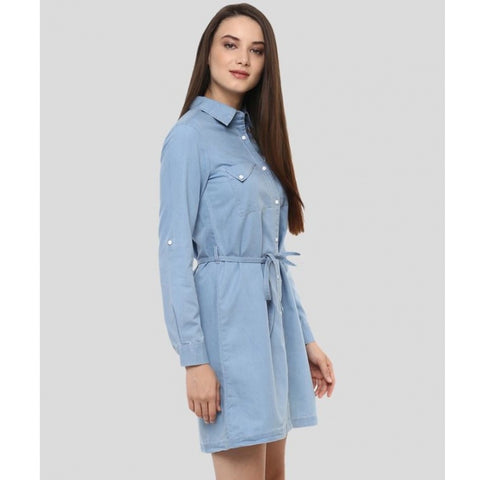 Generic Women's Denim Solid Long Sleeves Above Knee Dress (Blue)