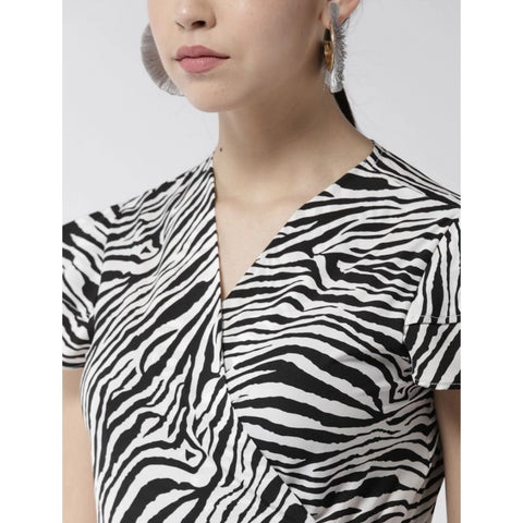 Generic Women's Polyester Animal Print Short Sleeve Knee-Length Dress (Black - White)