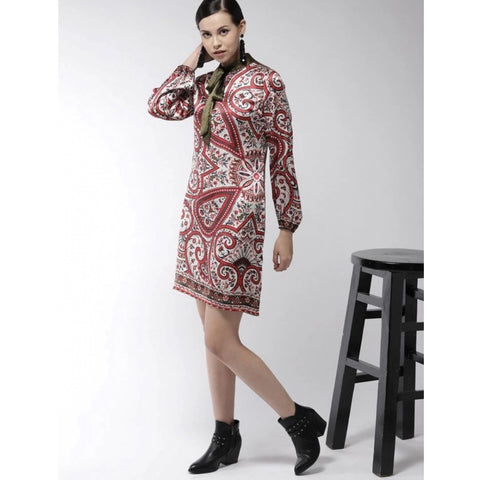 Generic Women's Polyester Printed Long Sleeves Above Knee Dress (Red)