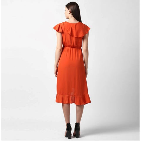 Generic Women's Polyester Ruffled Cap Sleeve Knee-Length Dress (Orange)